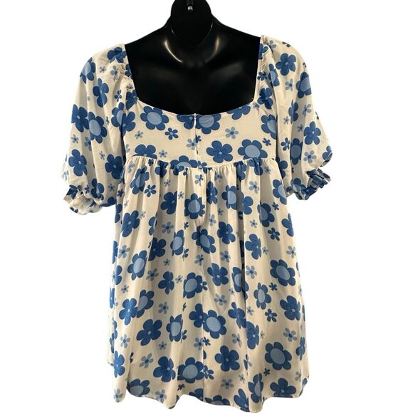 Sweet Lemon Women's Blue White Floral Short Puff Sleeve Babydoll Dress Large - Picture 2 of 8